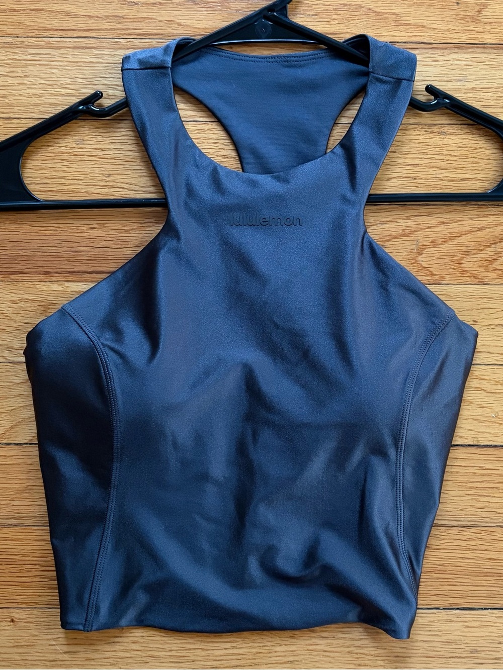 3. Size 6 LULULEMON Black Satin Shine Tank Top With Spellout